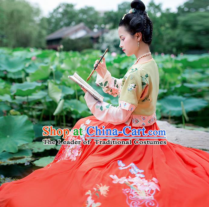 Asian China Ancient Tang Dynasty Costume Green Half-Sleeves and Slip Skirt Complete Set, Traditional Chinese Princess Embroidered Clothing for Women