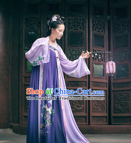 Asian China Ancient Tang Dynasty Palace Lady Costume Complete Set, Traditional Chinese Princess Embroidered Purple Dress for Women