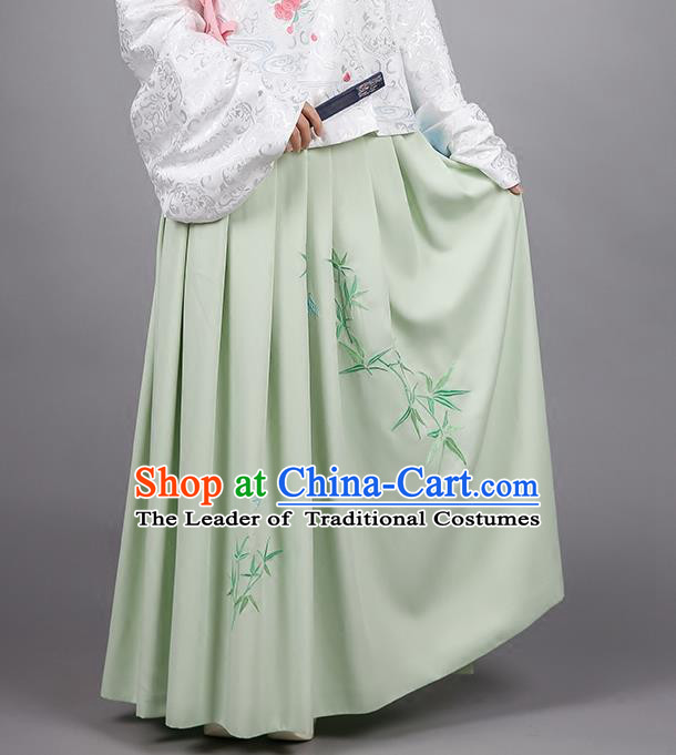 Asian Chinese Ming Dynasty Imperial Princess Costume, Ancient China Palace Lady Embroidered Bamboo Green Skirt for Women