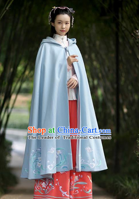 Asian Chinese Ming Dynasty Hanfu Costume Embroidered Swordswoman Cape, Traditional China Ancient Princess Blue Cloak Clothing for Women