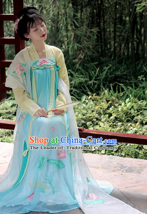 Asian Chinese Tang Dynasty Imperial Princess Costume Hanfu Embroidery Green Slip Skirt, Traditional China Ancient Embroidered Dress Clothing for Women