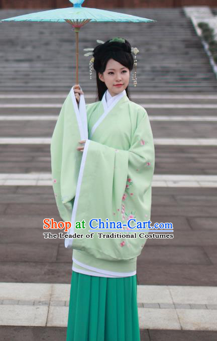 Asian Chinese Han Dynasty Imperial Princess Green Curve Bottom Costume, Traditional China Ancient Palace Lady Embroidered Dress for Women