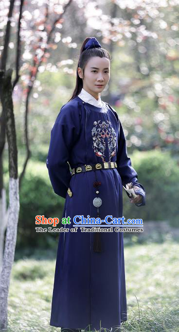 Asian Chinese Ming Dynasty Imperial Guards Swordsman Embroidered Blue Robe Clothing
