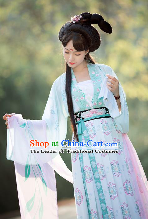Asian Chinese Tang Dynasty Princess Embroidery Costume Complete Set, Ancient China Palace Lady Clothing for Women