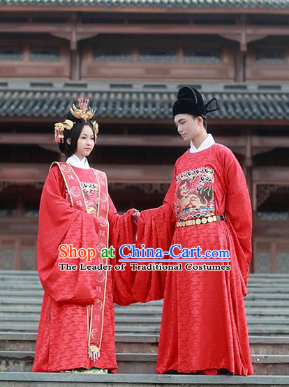 Asian Chinese Ming Dynasty Emperor and Empress Wedding Costume Complete Set, Ancient China Bride and Bridegroom Embroidered Clothing for Women for Men
