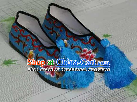 Traditional Chinese Peking Opera Diva Embroidered Shoes, China Ancient Beijing Opera Hua Tan Blue Blood Stained Shoes for Women