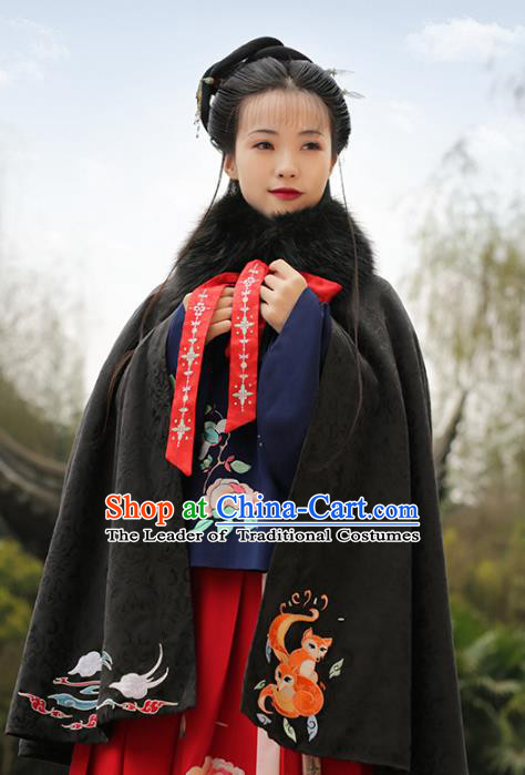 Asian Chinese Ming Dynasty Young Lady Embroidered Black Wool Cloak, Ancient China Princess Hanfu Short Mantle Clothing for Women
