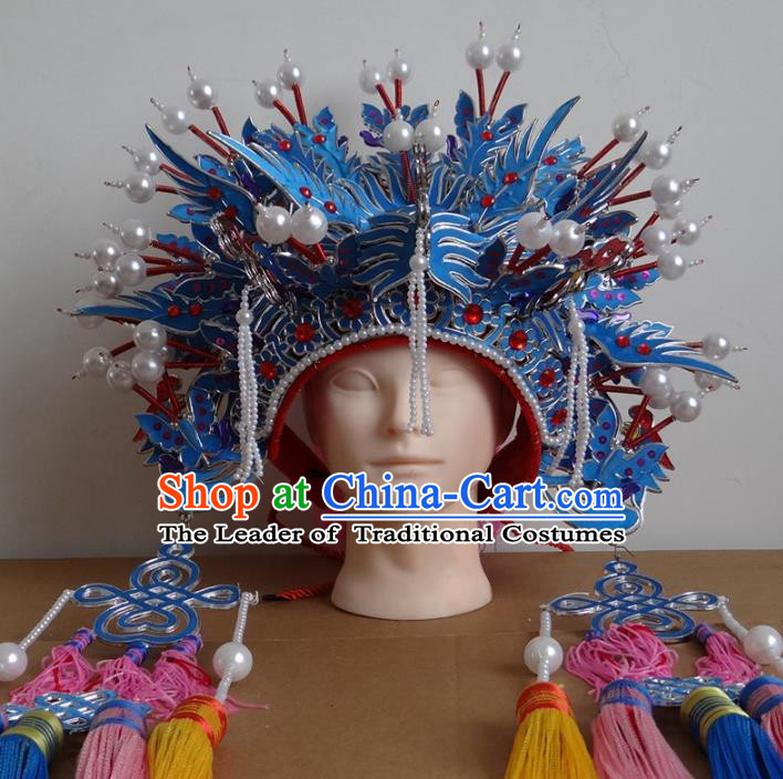 Traditional Chinese Ming Dynasty Imperial Empress Wedding Hats, China Ancient Bride Blue Phoenix Coronet Headwear for Women