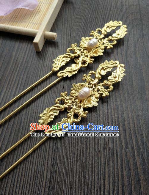 Traditional Handmade Chinese Hair Accessories Golden Hairpins, China Palace Lady Hanfu Pearls Hair Stick for Women