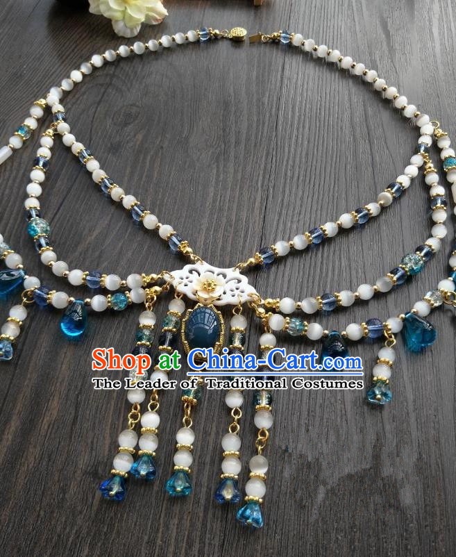 Traditional Handmade Chinese Accessories Blue Beads Necklace, China Palace Lady Hanfu Tassel Necklet for Women