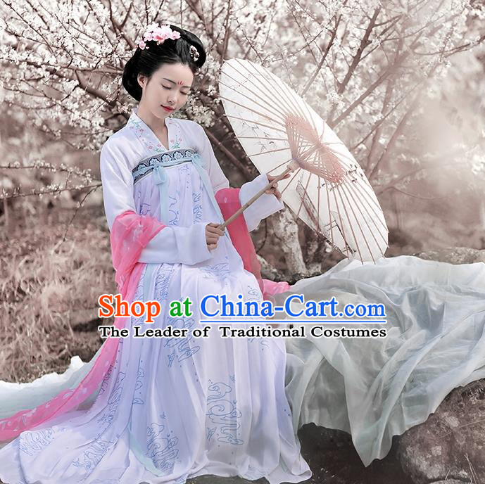 Asian Chinese Tang Dynasty Palace Lady Embroidered Costume Complete Set, Ancient China Princess Blouse and Skirt Clothing for Women