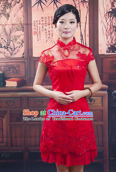 Traditional Ancient Chinese Republic of China Red Short Cheongsam, Asian Chinese Chirpaur Qipao Dress Clothing for Women