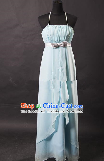 Traditional Chinese Modern Dancing Costume, Women Opening Classic Chorus Singing Group Light Blue Full Dress for Women
