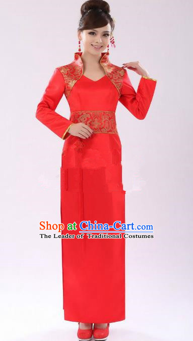 Traditional Ancient Chinese Republic of China Cheongsam Costume, Asian Chinese Red Silk Chirpaur Clothing for Women