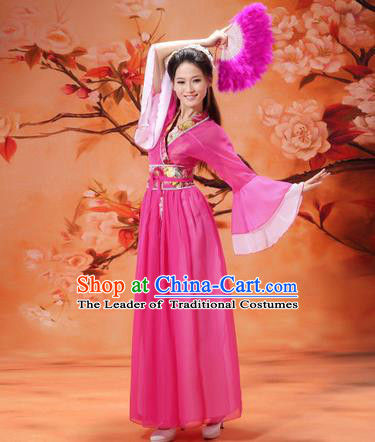 Asian China Ancient Tang Dynasty Young Lady Costume, Traditional Chinese Hanfu Princess Embroidered Rosy Dress Clothing for Women