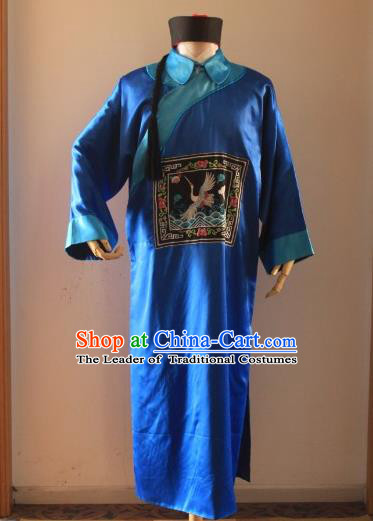 Asian China Ancient Qing Dynasty Royal Highness Costume, Traditional Chinese Manchu Minister Embroidered Blue Robe Clothing for Men
