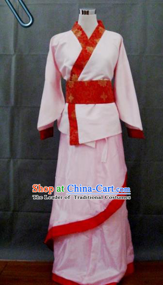 Asian China Ancient Han Dynasty Palace Lady Costume, Traditional Chinese Hanfu Embroidered Pink Curve Bottom Clothing for Women