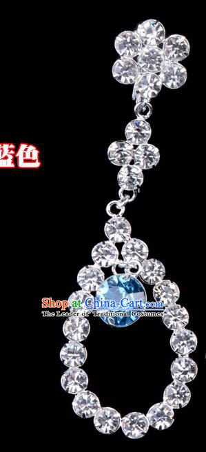 Traditional Beijing Opera Diva Jewelry Accessories Blue Crystal Tassel Earrings, Ancient Chinese Peking Opera Hua Tan Eardrop