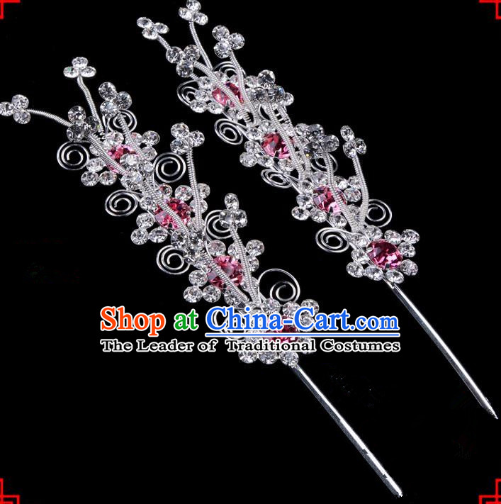 Traditional Beijing Opera Diva Hair Accessories Pink Crystal Butterfly Head Ornaments Hairpins, Ancient Chinese Peking Opera Hua Tan Hair Stick Headwear