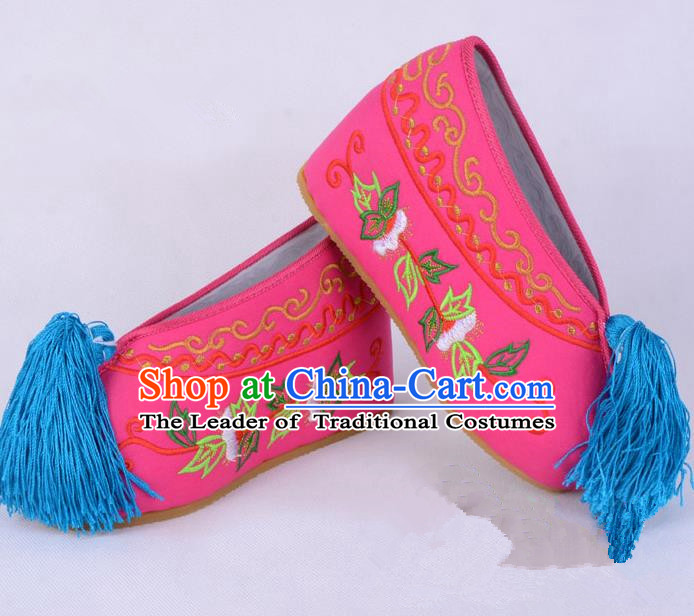 Traditional Beijing Opera Diva Rosy Satin Embroidered Shoes Cloth Shoes, Ancient Chinese Peking Opera Hua Tan Princess Blood Stained Shoes