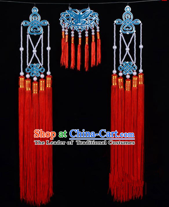 Traditional Beijing Opera Diva Hair Accessories Empress Head Ornaments Temples Curtain Hairpins, Ancient Chinese Peking Opera Hua Tan Red Tassel Headwear