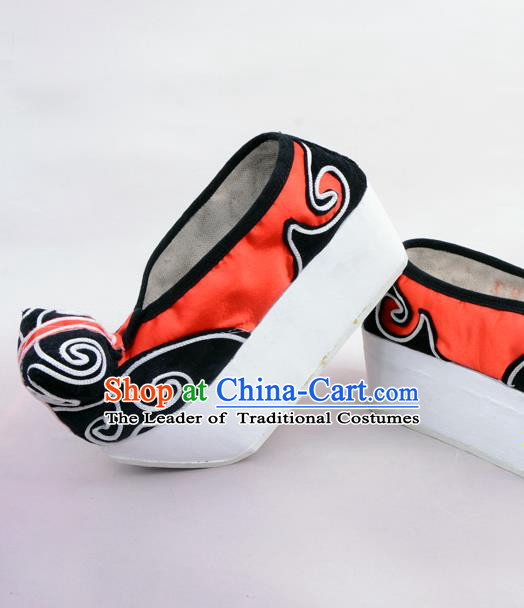 Traditional Beijing Opera Niche Red Shoes Young Men Fulfillment of Cloud, Ancient Chinese Peking Opera Scholar Satin Flange Shoes