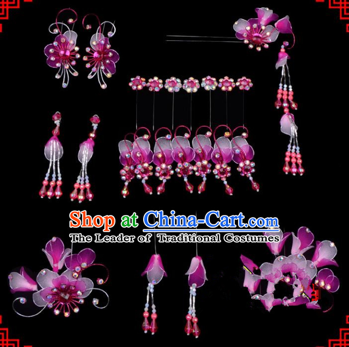 Traditional Beijing Opera Diva Hair Accessories Head Ornaments Complete Set Rosy Hairpins, Ancient Chinese Peking Opera Hua Tan Hair Stick Headwear