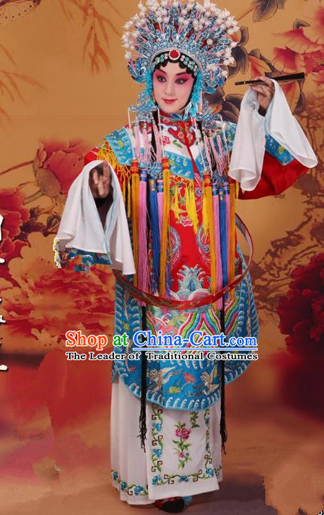 Top Grade Professional Beijing Opera Diva Costume Palace Senior Concubine Embroidered Robe and Phoenix Coronet, Traditional Ancient Chinese Peking Opera Embroidery Dress Clothing