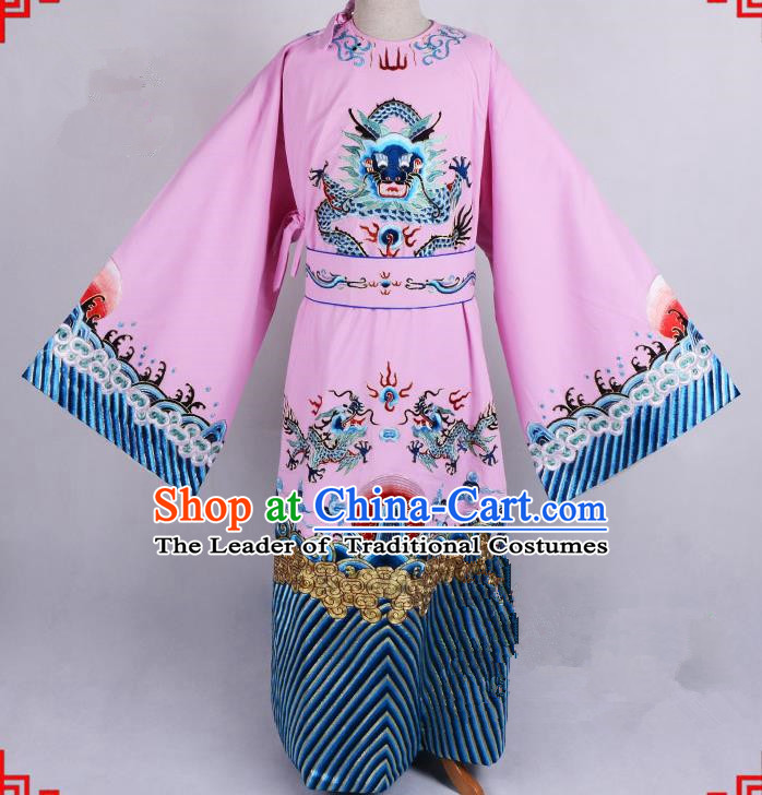 Top Grade Professional Beijing Opera Emperor Costume General Pink Silk Embroidered Robe and Belts, Traditional Ancient Chinese Peking Opera Royal Highness Embroidery Dragons Clothing