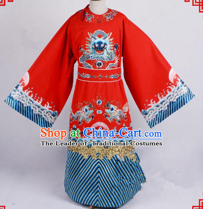 Top Grade Professional Beijing Opera Emperor Costume General Red Silk Embroidered Robe and Belts, Traditional Ancient Chinese Peking Opera Royal Highness Embroidery Dragons Clothing