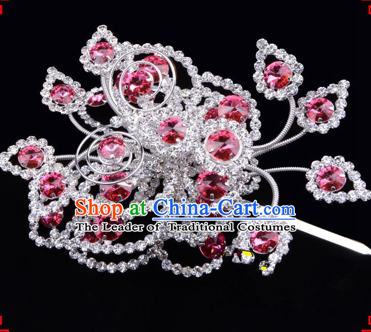 Traditional Beijing Opera Diva Hair Accessories Pink Crystal Butterfly Large Hairpins, Ancient Chinese Peking Opera Hua Tan Hair Stick Headwear