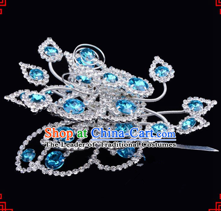 Traditional Beijing Opera Diva Hair Accessories Blue Crystal Butterfly Large Hairpins, Ancient Chinese Peking Opera Hua Tan Hair Stick Headwear