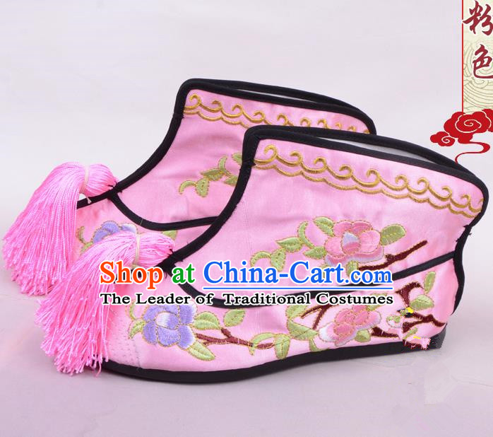 Traditional Beijing Opera Swordplay Embroidered Pink Boots Young Lady Shoes, Ancient Chinese Peking Opera Blues Embroidery Peony Shoes