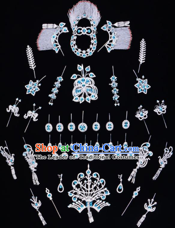 Traditional Beijing Opera Diva Hair Accessories Blue Crystal Butterfly Head Ornaments Complete Set, Ancient Chinese Peking Opera Hua Tan Hairpins Phoenix Step Shake Headwear