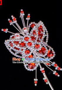 Traditional Beijing Opera Diva Hair Accessories Red Crystal Butterfly Head Ornaments Hairpins, Ancient Chinese Peking Opera Hua Tan Hairpins Headwear