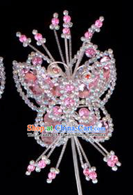 Traditional Beijing Opera Diva Hair Accessories Pink Crystal Butterfly Head Ornaments Hairpins, Ancient Chinese Peking Opera Hua Tan Hairpins Headwear