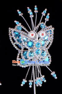 Traditional Beijing Opera Diva Hair Accessories Blue Crystal Butterfly Head Ornaments Hairpin, Ancient Chinese Peking Opera Hua Tan Hairpins Headwear