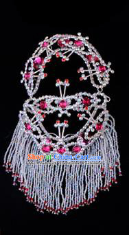 Traditional Beijing Opera Diva Hair Accessories Rosy Crystal Head Ornaments Headband, Ancient Chinese Peking Opera Hua Tan Hairpins Headwear