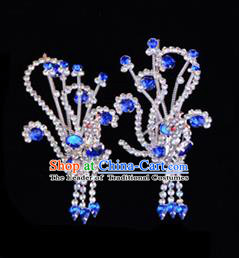 Traditional Beijing Opera Diva Hair Accessories Royalblue Crystal Head Ornaments Phoenix Step Shake, Ancient Chinese Peking Opera Hua Tan Hairpins Headwear