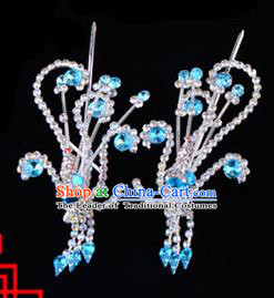 Traditional Beijing Opera Diva Hair Accessories Blue Crystal Head Ornaments Phoenix Step Shake, Ancient Chinese Peking Opera Hua Tan Hairpins Headwear