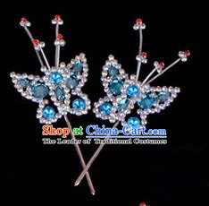 Traditional Beijing Opera Diva Hair Accessories Blue Crystal Head Ornaments Butterfly Hairpin, Ancient Chinese Peking Opera Hua Tan Hairpins Headwear