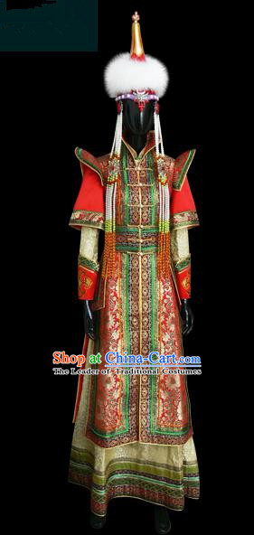 Traditional Chinese Mongol Nationality Dance Costume Princess Consort Wedding Dress, Chinese Mongolian Minority Nationality Embroidery Clothing for Women