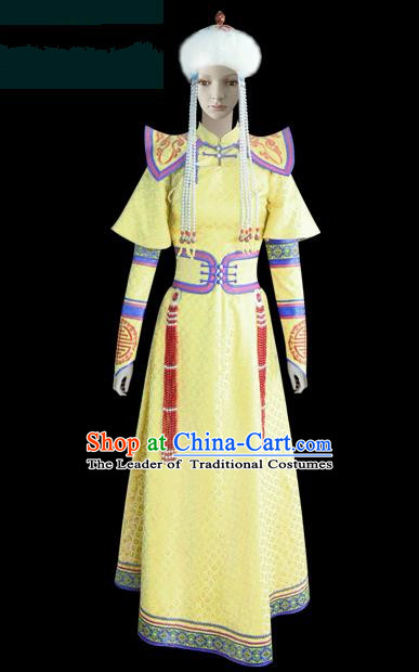 Traditional Chinese Mongol Nationality Dance Costume Princess Yellow Dress, Chinese Mongolian Minority Nationality Embroidery Mongolian Robe Clothing for Women