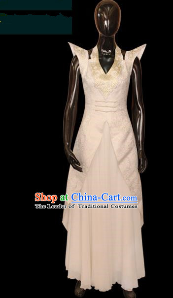 Traditional Chinese Mongol Nationality Dance Costume White Full Dress, Chinese Mongolian Minority Nationality Princess Embroidery Clothing for Women