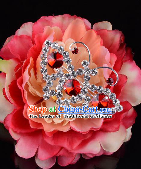 Traditional Beijing Opera Diva Jewelry Accessories Red Crystal Brooch, Ancient Chinese Peking Opera Hua Tan Breastpin