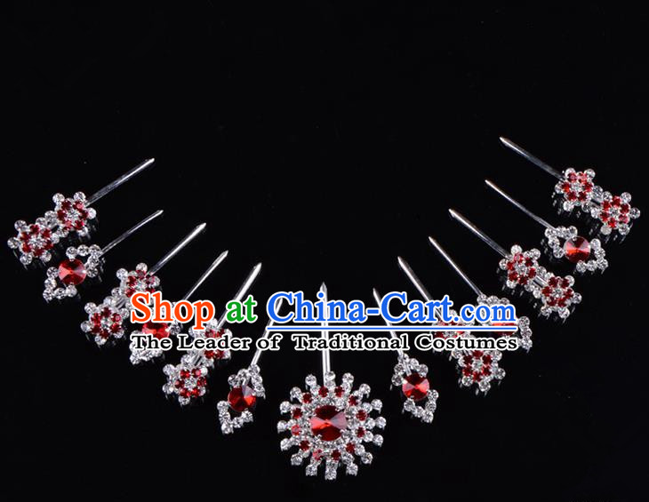Traditional Beijing Opera Diva Hair Accessories Red Crystal Hairpins Head Ornaments Complete Set, Ancient Chinese Peking Opera Hua Tan Hair Stick Headwear