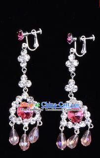 Traditional Beijing Opera Diva Jewelry Accessories Pink Crystal Earrings, Ancient Chinese Peking Opera Hua Tan Tassel Eardrop