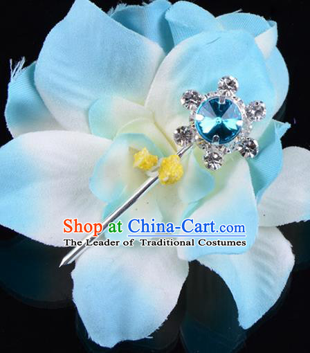 Traditional Beijing Opera Diva Hair Accessories Blue Crystal Hair Stick, Ancient Chinese Peking Opera Hua Tan Hairpins
