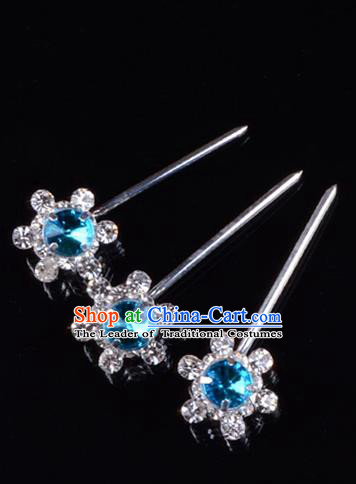 Traditional Beijing Opera Diva Hair Accessories Blue Crystal Hair Stick, Ancient Chinese Peking Opera Hua Tan Hairpins