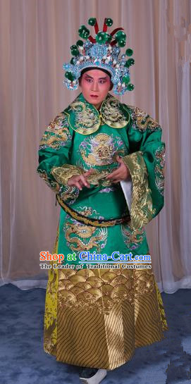 Top Grade Professional Beijing Opera Emperor Costume Green Embroidered Robe Gwanbok, Traditional Ancient Chinese Peking Opera Royal Highness Embroidery Dragons Clothing